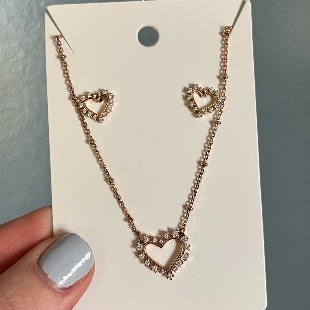 SET Kendra Scott Rose Gold Ari Heart Open Frame CZ Necklace & Stud Earrings